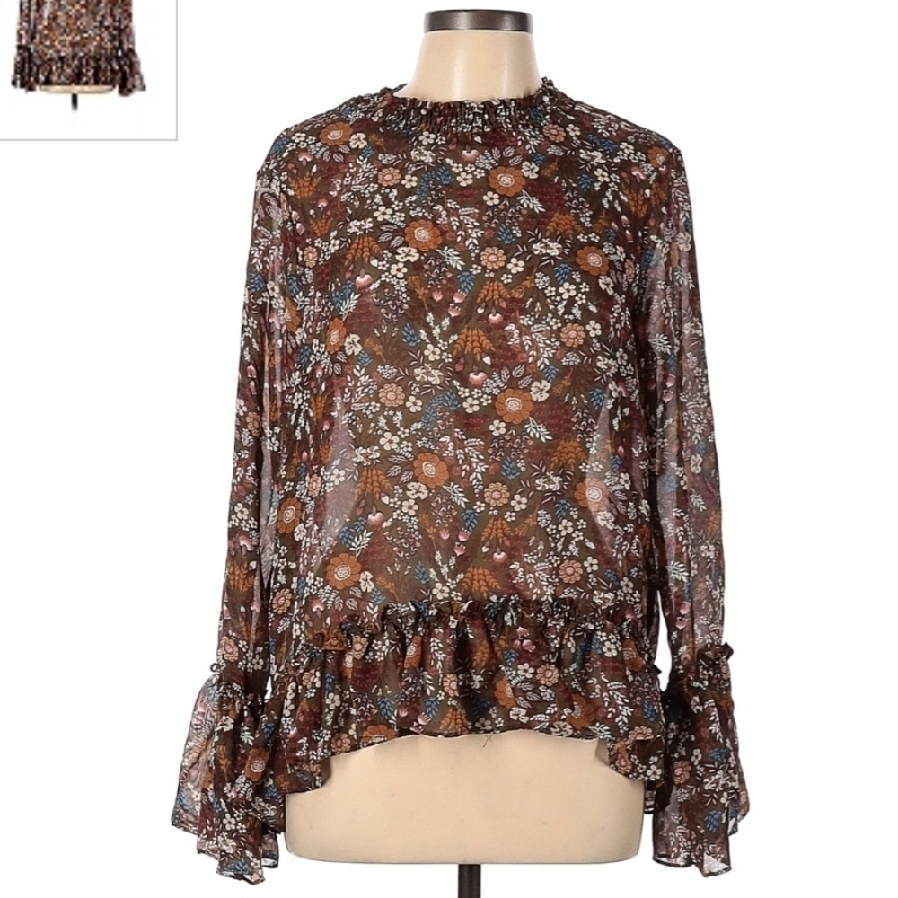 Asos Brave Soul Brown Floral Print Sheer Top Bell Sleeves Women's Large L EUC